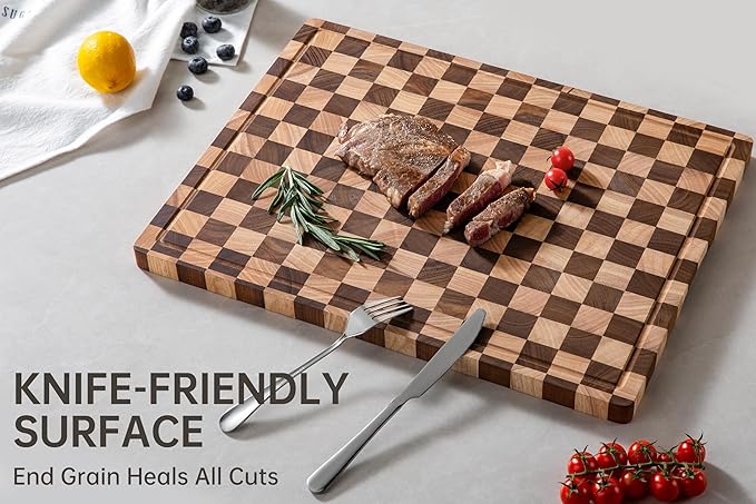 Cutting Boards for Kitchen, Extra Large Chopping Board for Stovetop, Checkered Acacia Wood Cutting Board with Juice Grooves, Butcher Block with Gift Box, 20" x 15" x 1"