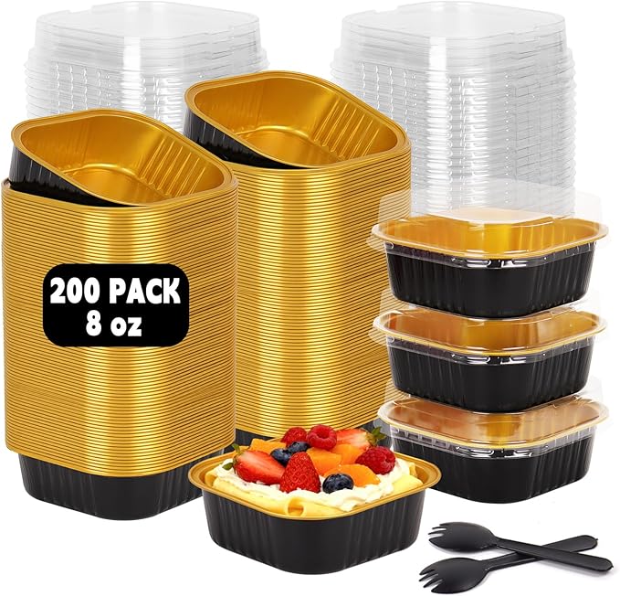 200 Pack 8 oz Black Gold Mini Aluminum Cake Pans with Lids and Spoons, Disposable Square Baking Cups, Oven Safe Foil Ramekins for Individual Desserts, Cupcakes, Cheesecakes Ramekins Muffin