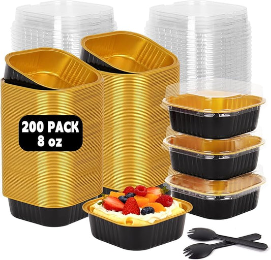 200 Pack 8 oz Black Gold Mini Aluminum Cake Pans with Lids and Spoons, Disposable Square Baking Cups, Oven Safe Foil Ramekins for Individual Desserts, Cupcakes, Cheesecakes Ramekins Muffin