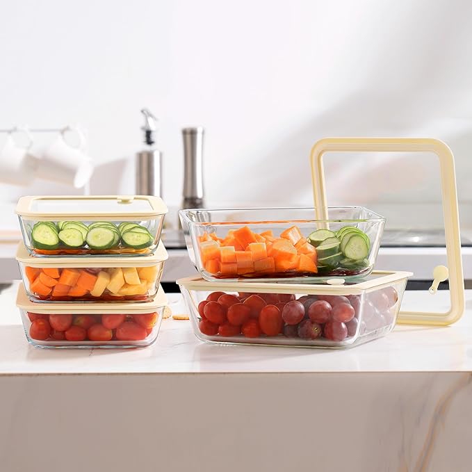 Urban Green Glass Food Container Set with Glass Lid, 4 Pack, Meal Prep Containers with Silicone Framed Airtight Lid, Leakproof, 100% Plastic Free,