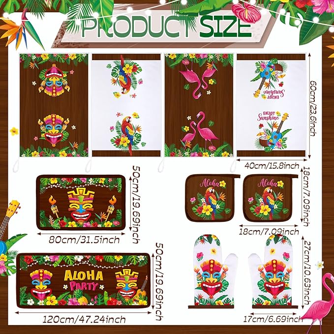10 Pcs Hawaii Kitchen Towels Oven Mitts and Pot Holder Luau Aloha Kitchen Set Decor Flower Tropical Palm Rugs and Mats Parrot Flamingo Dish Towels for Summer Chef Baking Cooking Grilling BBQ