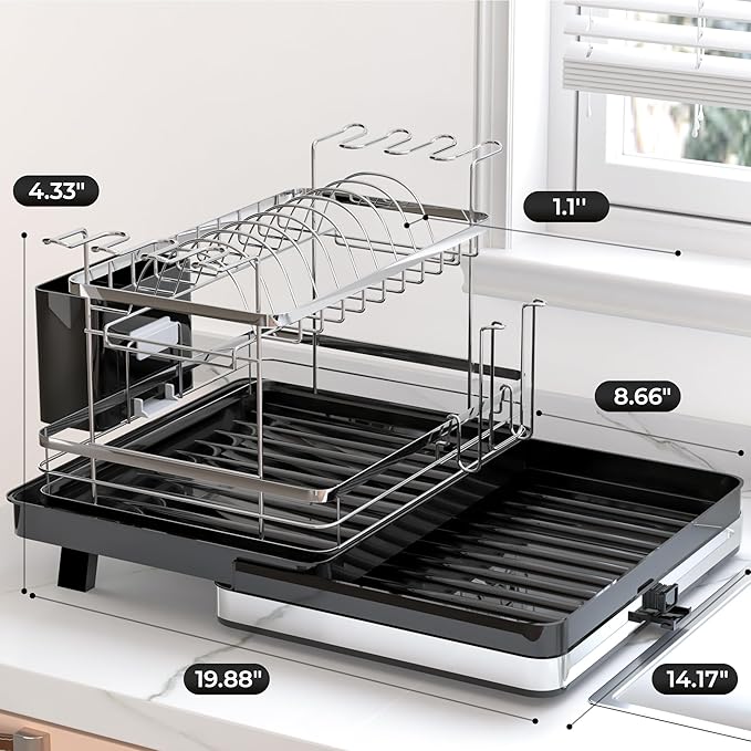 Pumokc Dish Drying Rack, Expandable Large Capacity 2 Tier Dish Drying Rack, Stainless Steel Dish Drainer with Utensil Holder, Adjustable Width for Kitchen Counter,Black