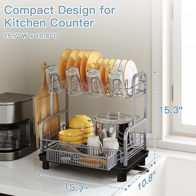 2 Tier Stainless Steel Large Capacity Dish Drainers Drying Rack for Kitchen Counter, Metal Gray Rust Proof Plate Strainers Holder On Countertop with Drainboard Tray, Space Saving, Aesthetic Modern