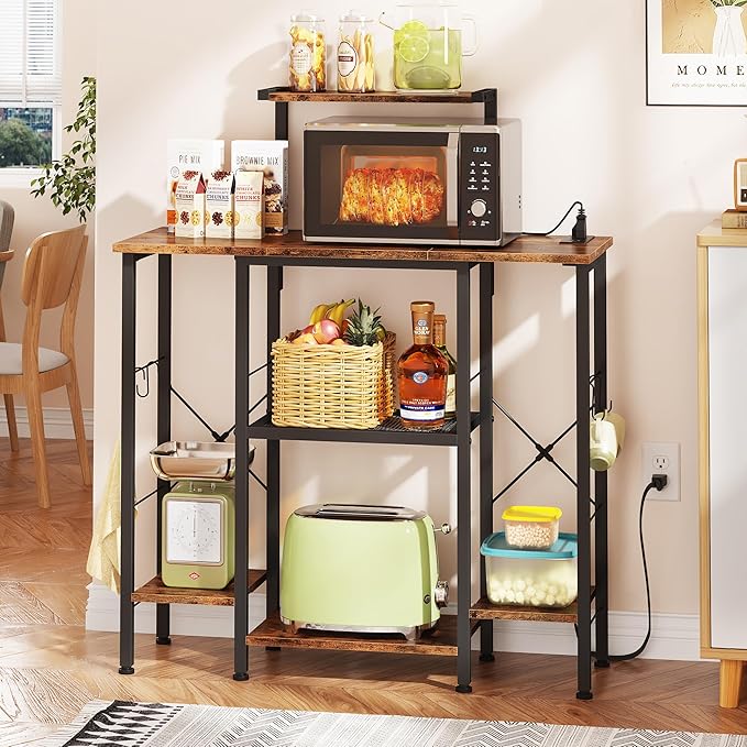 Bakers Rack with Power Outlet, Coffee Bar with 4 Hooks, 6 Tiers Microwave Stand with Storage, Freestanding Kitchen Appliance Organizer for Spices, Pots, Rustic Brown, 32" W