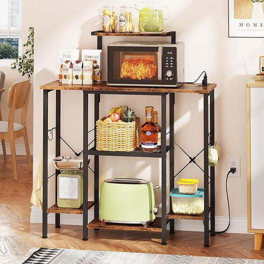 Bakers Rack with Power Outlet, Coffee Bar with 4 Hooks, 6 Tiers Microwave Stand with Storage, Freestanding Kitchen Appliance Organizer for Spices, Pots, Rustic Brown, 32" W