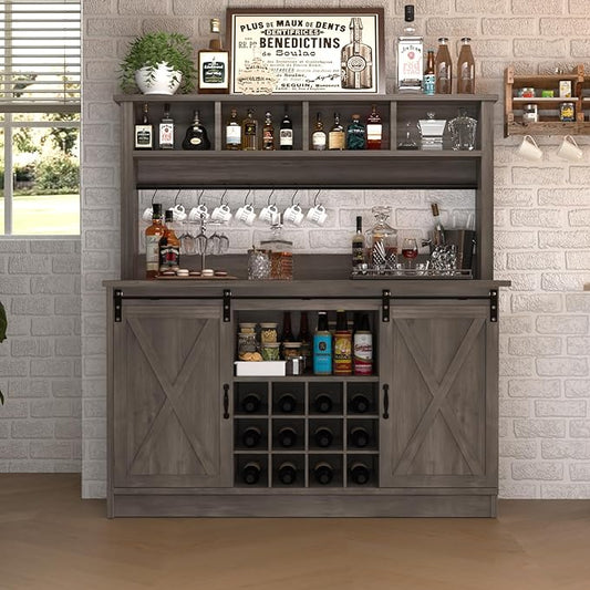 4ever2buy Farmhouse Coffee Bar Cabinet with 4 Storage Hutch, 55”Coffee Bar with Sliding Barn Doors, Hutch Cabinet with 12 Wine Racks & 8 Hooks for Dining Room, Kitchen, Wash Grey