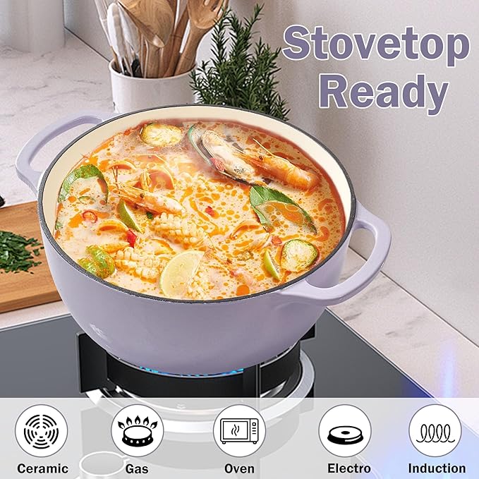 Vivicreate 6 Quart Enamel Cast Iron Dutch Oven Pot with Lid – Enameled Cookware for Baking, Roasting, and Braising – Durable Cast Iron Pot for Stove Top and Oven Use Red color (Purple)