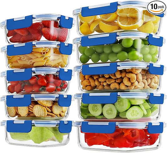10 Pack Borosilicate Glass Meal Prep Containers with Locking Lids, Glass Food Storage Containers Set, Airtight Lunch Bento Boxes, BPA-Free & Leak Proof, 36oz & 14oz, Freezer, Oven Safe-Deep Blue