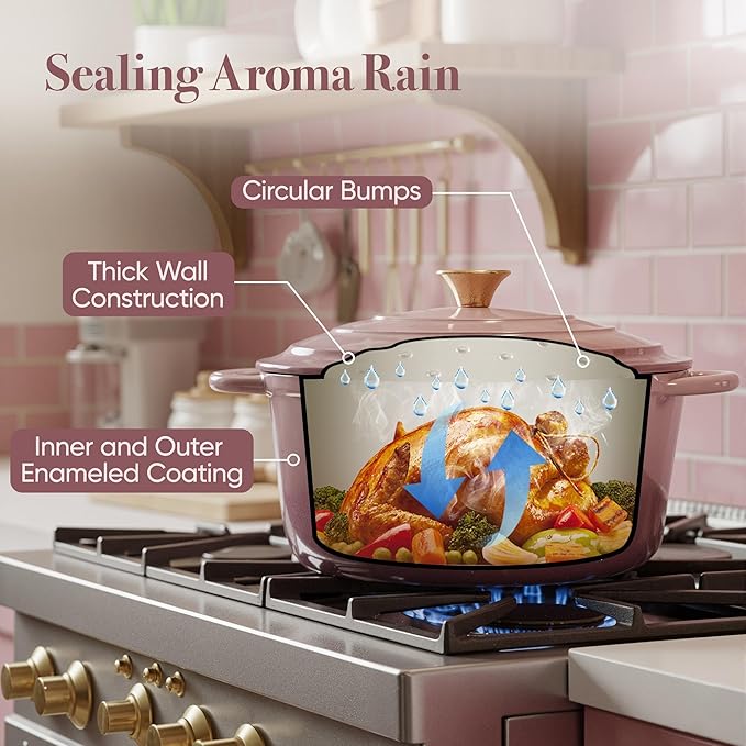 4.5 Quart Dutch Oven Pot with Lid, Non Stick Enameled Cast Iron Dutch Oven for Bread Baking, Heavy-Duty, Oven Safe Ceramic Cookware Up to 500°F for Baking, Braising, Stews, Roasting, Pink