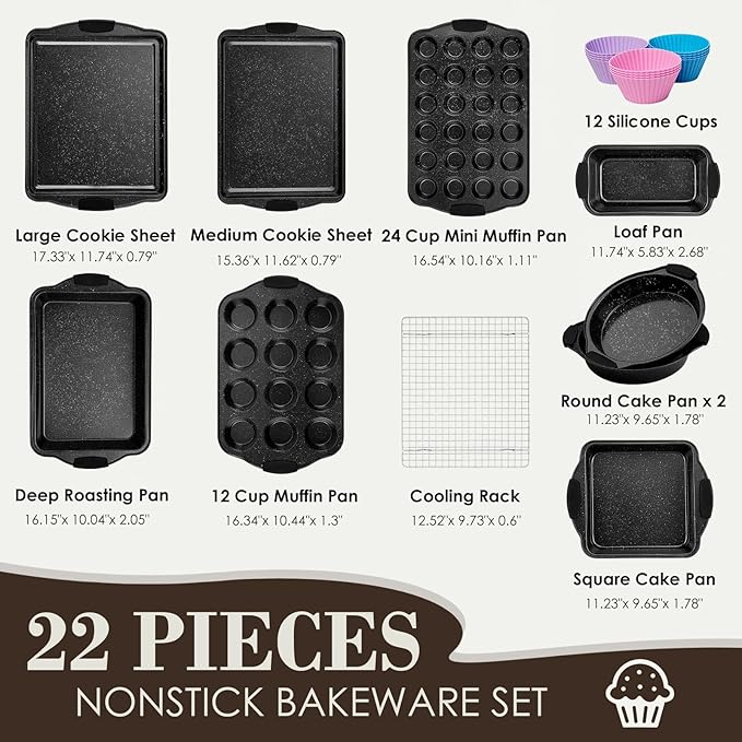 Baking Pans Set Nonstick, Bakeware Sets Stackable with Silicone Handles, AIVIKI 22 Pieces Oven Pan for Cooking Including Baking Cookie Sheet with Rack, Roast Pan, Cake Pan, Loaf Pan, Muffin Pan, Black