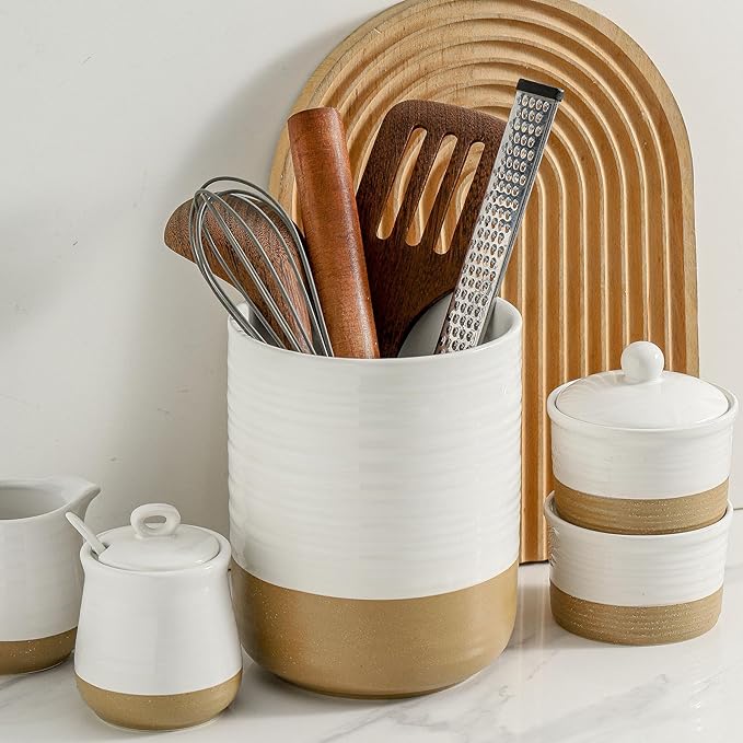 HASENSE Utensil Holder, 7.4" x 6.2" Ceramic Utensil Holder for Kitchen Counter, Large Utensil Oganizer for Utensil Set, Farmhouse White Cooking Utensil Crock for Kitchen Decor