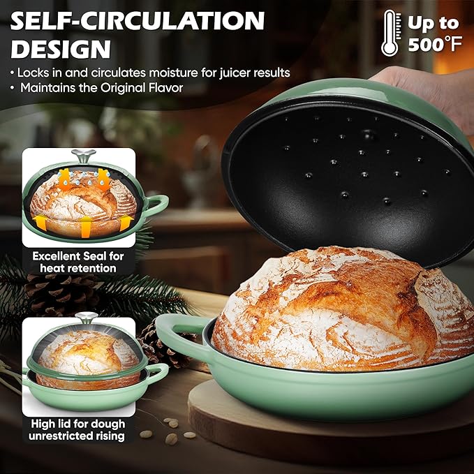 Bread Dutch Oven for Sourdough Baking (5.5 QT), Joyfair Enameled Cast Iron Dutch Oven Pot with Lid, Sourdough Bread Pan with Dual Handles, Non-Stick & Even Heat, Oven-safe up to 500°F, Pistachio Green