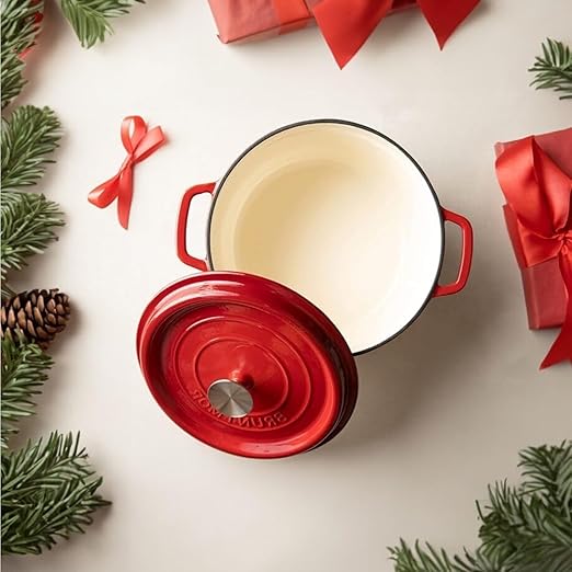 Bruntmor Pre-Seasoned Enameled Cast Iron Dutch Oven with Lid and Handle - 5.2 Quart Heavy Duty Casserole Dish for Cooking, Baking, and Braising - Oven Safe, Durable, Round Cast Iron Cooking Pot - Red