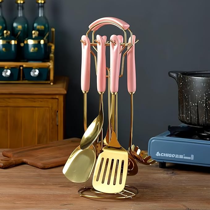 Gold Kitchen Utensils,7pieces Cooking Utensils Set,Kitchen Tools Set With Utensil Holder, Gold Kitchen Accessories,Dishwasher Safe, Easy To Clean(Pink)