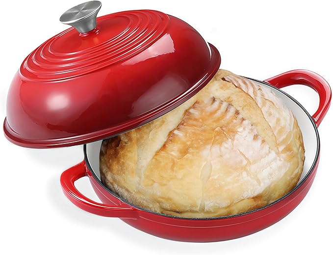 Enameled Round Cast Iron Bread Oven, 6 Qt Cast Iron Dutch Oven for Homemade Sourdough Bread Baking, Bread Pot with Dome Lid (Red)