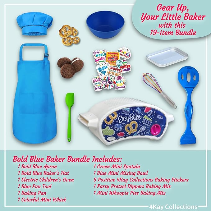 Ultimate Easy Baking Oven Bundle For Kids With 19 Items - Oven, 2 Refill Mixes, Apron, Hat, Bowl, Spatula, Whisk, 9 Stickers, Baking Pan & Tool (Bold Blue Baker Bundle)