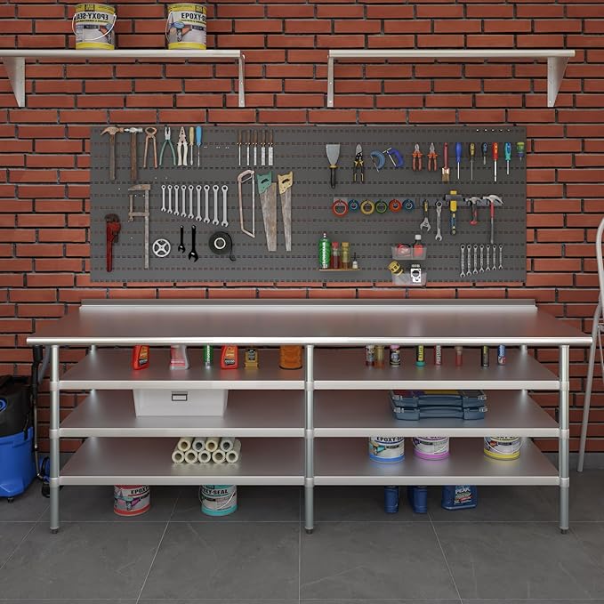 AmGood Stainless Steel Work Table with 1.5" Backsplash and 3 Shelves | Metal Kitchen Food Prep Table | NSF (96" Long x 30" Deep)