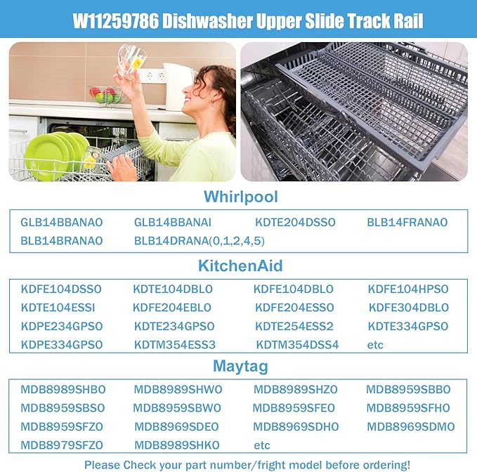 W11259786 Dishwasher Upper Dishrack Replacement for Whirlpool KitchenAid Dishwasher Parts，Fits WPW10546503/W10546503 Part（Right Slide)