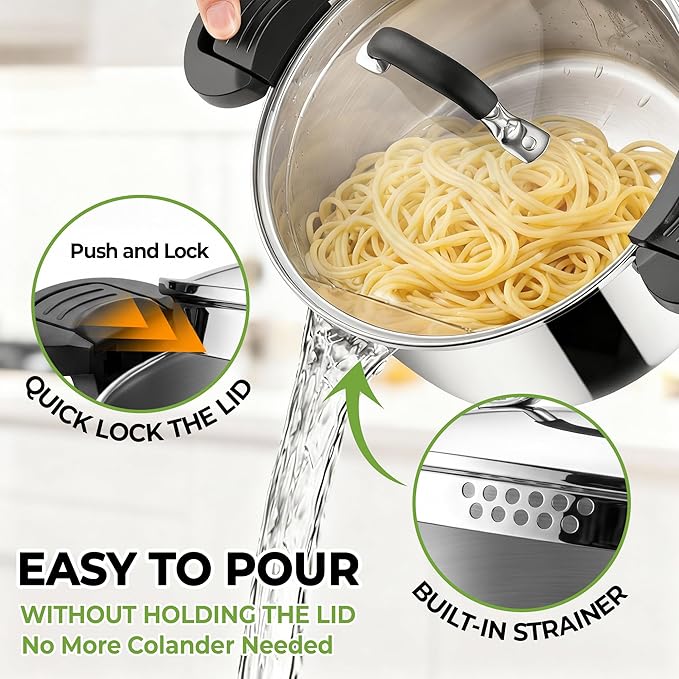 E-far Pasta Pot with Strainer Lid, 6 Quart Tri-Ply Stainless Steel Stock Pot & Push and Lock Handles, Non-toxic Multipurpose Cooking Pot for All Cooktops, Heavy Duty & Dishwasher Safe
