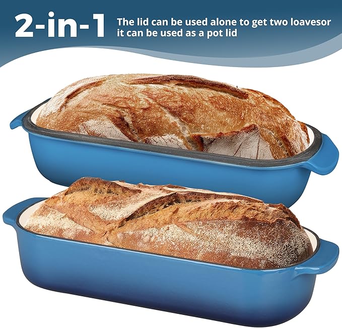 Enameled Cast Iron Loaf Pan with Lid, Bread pan, Dutch Oven Bread pan for Homemade Sourdough Bread Baking, 12.5x5.5 inch, 5qt, Lake Blue
