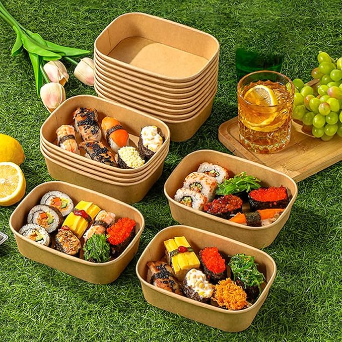 DI QIU REN 50-Pack 29oz Disposable Kraft Paper Bowls【with Lids and Forks】,Meal Prep Containers Disposable To go Food Containers Christmas Take Out Containers, Microwave Safe for Hot/Cold Food