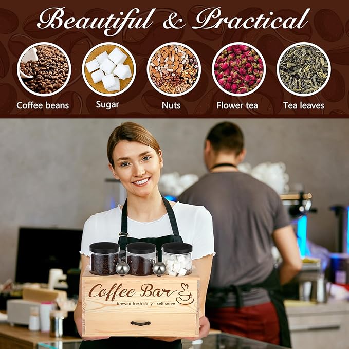 3 Pcs Coffee Canister Set with Shelf and Spoon Plastic Coffee Bean Storage Container with Lids Coffee Storage Box with Drawer Food Storage Jars for Coffee Bar Kitchen (Wood Color)