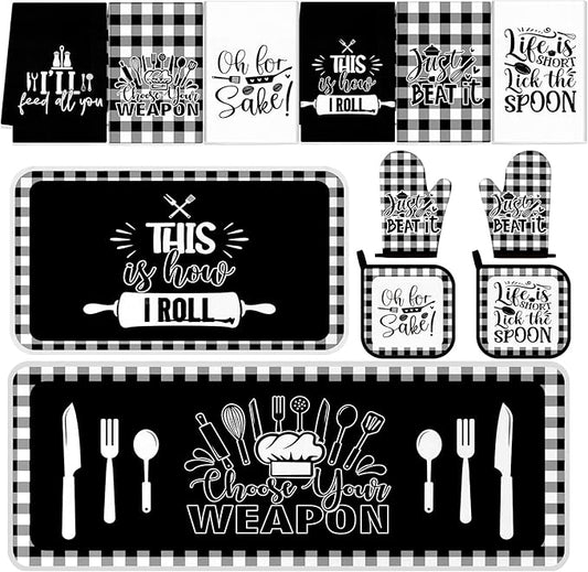 12 Pcs Checkered Buffalo Kitchen Oven Mitts and Pot Holders Black and White Dish Towels Farmhouse Kitchen Decor Accessories Set for Chef Baking Cooking Grilling BBQ Women Mom Gift