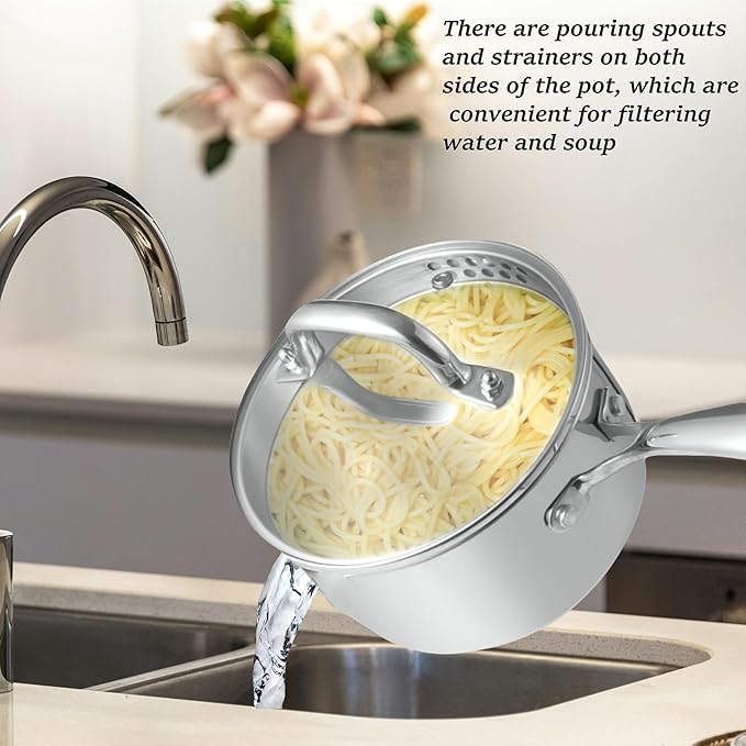 KANGXW 4.0 Quart Stainless Steel Saucepan With steamer,With Pour Spout and Filter Glass Lid Milk Pan, Sauce, Gravy, Pasta Stock Pot For All Stovetops