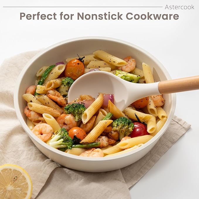 Astercook Silicone Cooking Utensils Set, 38 PCS Kitchen Utensils Set for 446°F Heat Resistant, Food Grade Utensil Sets with Wooden Handle, Kitchen Gadgets for Nonstick Cookware BPA Free (White)