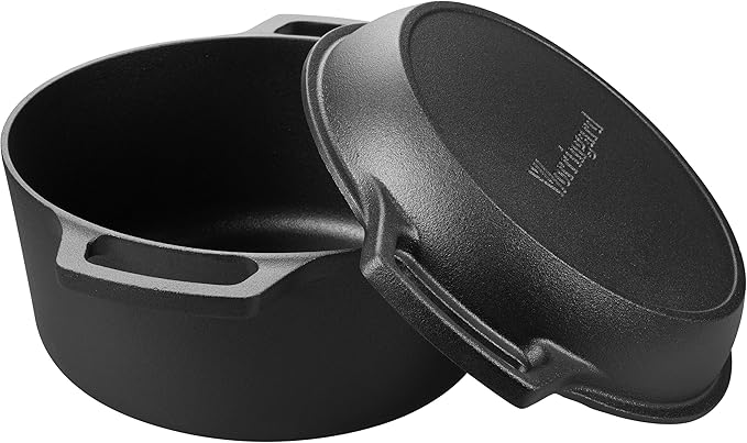Pre-seasoned Cast Iron Double Dutch Oven Pot with Skillet Lid, Dual-handle, for Bread Baking, Outdoor, Campfire Cooking, include Sourdough Bread Baking Supplies like Banneton Bread Proofing Basket, 5 Quart