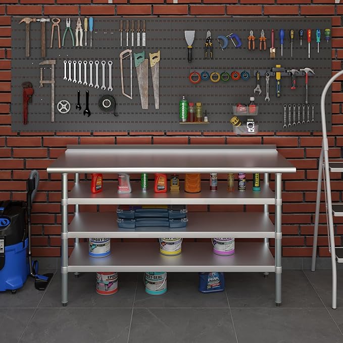 AmGood Stainless Steel Work Table with 1.5" Backsplash and 3 Shelves | Metal Kitchen Food Prep Table | NSF (60" Long x 24" Deep)
