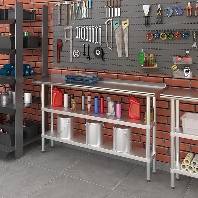 AmGood Stainless Steel Work Table with 1.5" Backsplash and 2 Shelves | Metal Kitchen Food Prep Table | NSF (60" Long x 14" Deep)