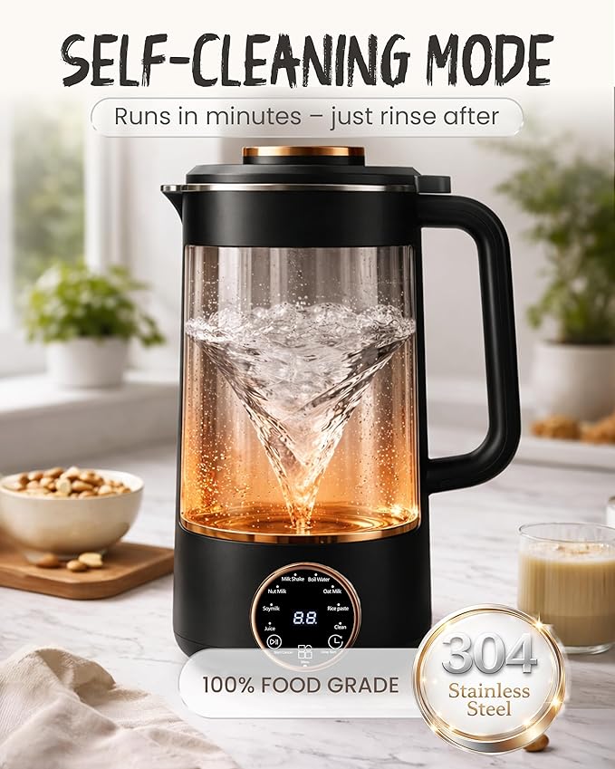 Wamery 32oz Nut Milk Maker Machine (Black) - Soy Milk Maker for Almond & Oat, Automatic Heated Programs, Self‑Cleaning, Delay Start, Keep Warm & Boil Water, 1‑Liter Capacity with Starter Accessories