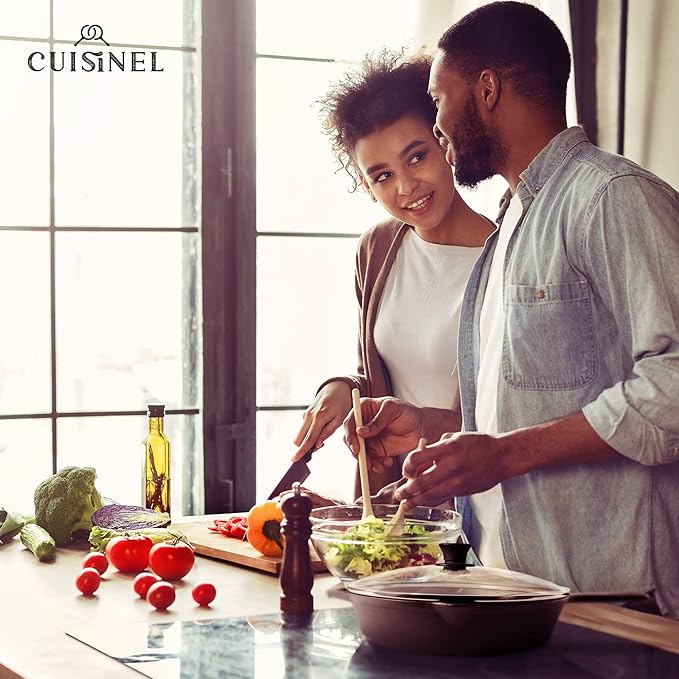 Cuisinel Cast Iron Skillet with Lid - 12"-Inch Frying Pan + Glass Cover + Silicone Handle Holder - Pre-Seasoned Oven Safe Cookware - Indoor/Outdoor Use - Grill, BBQ, Fire, Stovetop. PFAS and PFOA-free