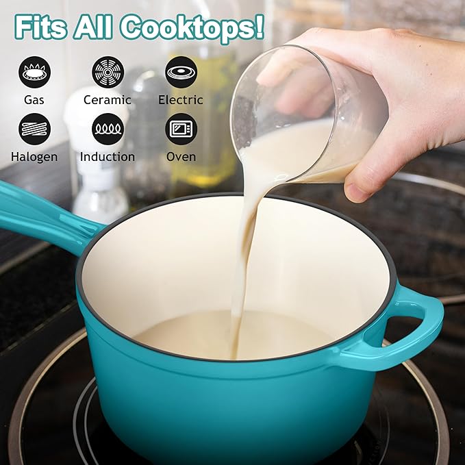 Enameled Cast Iron Sauce Pan with Lid, Leonyo 1 Quart Saucepan with Lid, Enamel Cast Iron Pot Dutch Oven Kitchen Cookware for All Cooktops Cooking Pasta, Soup, Milk - Up to 500°F & 4.4Lbs, Lake Green