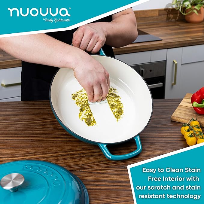 Shallow Cast Iron Casserole with Lid – Non Stick Dutch Oven Pot, Oven Safe up to 500° F – Sturdy Ovenproof Stockpot Cookware – Enamelled Cooking Pot – Teal, 5-Quart, 32cm – by Nuovva