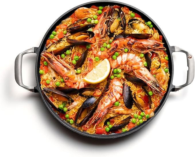 Outset Grill Paella and Deep Dish Pizza Pan, Cast Iron BBQ Pan with Handles, 18.15” x 14.11” x 1.25"