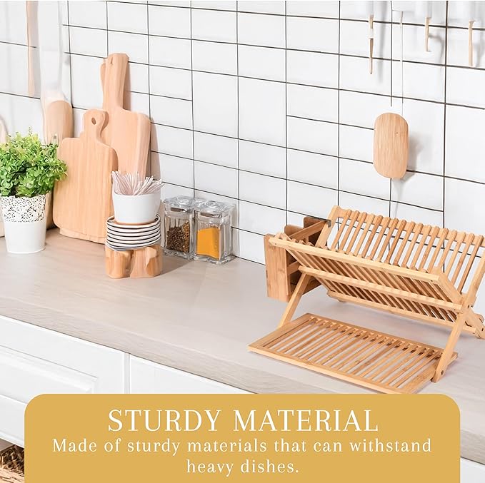 2LB Depot Bamboo Dish Drying Rack - Collapsible Wooden Drainer for Kitchen Counter - Wood Utensil Dryer - Foldable Dish Rack Holder Fit Up to 20 Plates - Folding Wood Kitchen Accessory