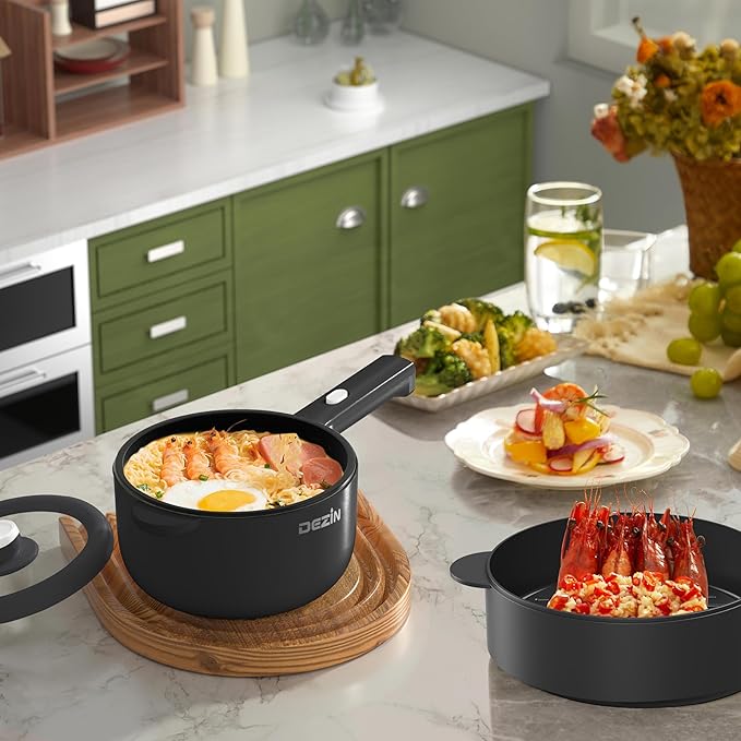 Dezin Electric Cooker, 2L Non-Stick Sauté Pan, Rapid Noodles Cooker, Mini Pot for Steak, Egg, Fried Rice, Ramen, Oatmeal, Soup with Power Adjustment, College Dorm Room Essential(Egg Rack Included)
