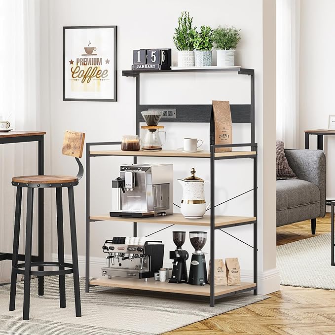 4-Tier Kitchen Baker's Rack with Power Outlet, Microwave Stand and Storage Shelves, Coffee Station Organizer (White Maple and Black)