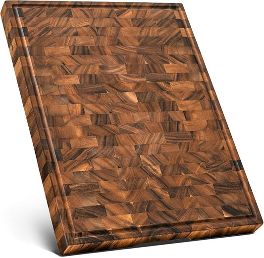 SHUMARU Tropical Walnut End-Grain Wood Cutting Board – XL 24x18x2" Butcher Block | Handmade in Bali - Silky-Smooth, Juice Groove, Knife‑Friendly, Ergonomic Grips & Non‑Slip Feet