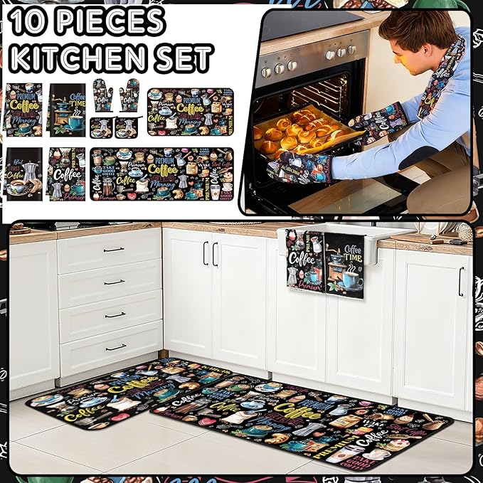 10 Pcs Coffee Kitchen Decor Set Coffee Kitchen Dish Towels Oven Mitts and Pot Holders Farmhouse Rugs Mats Vintage Black Potholders for Chef Baking Cooking Grilling BBQ Women Accessories Gift