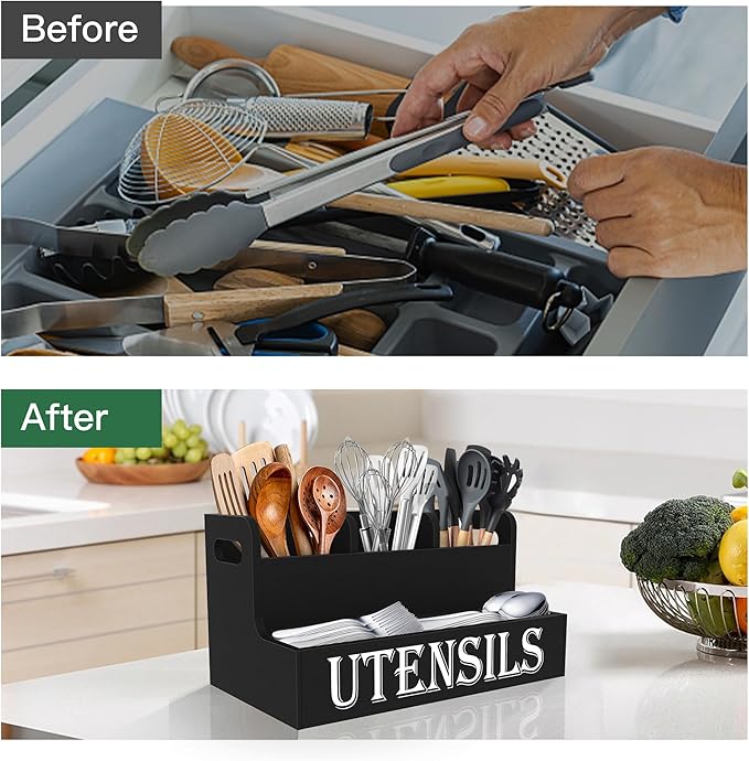 Suli Kitchen Utensils Holder, White Wooden Utensil Organizer for Kitchen Countertop, Farmhouse Utensil Storage, Rustic Cooking Utensils ,4 Compartments,- Black