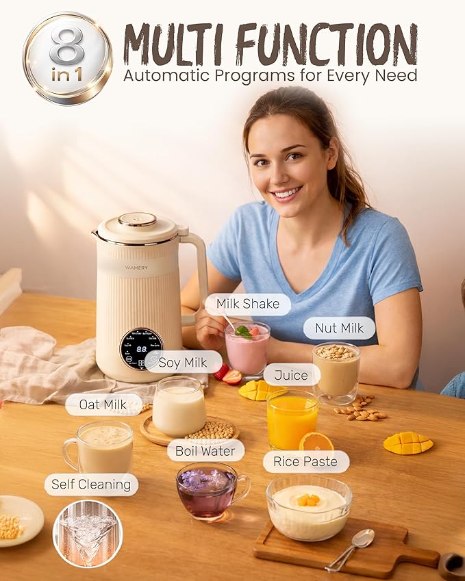 Wamery 32oz Nut Milk Maker Machine - Plant‑Based Milk Maker for Almond, Oat & Soy, Automatic Heated Programs, Self‑Cleaning, Delay Start, Keep Warm & Boil Water, 1‑Liter Capacity with Starter Kit
