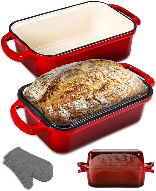 NutriChef 9x5" Enameled Cast Iron Loaf Pan with Lid, Enamel-Coated Baking Loaf Pan for Sourdough, Oven Safe, Nonstick Bread Pan with Silicon Gloves, Dishwasher Safe, Red