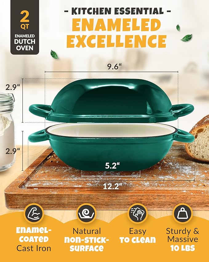 Loaf Pan for Bread Baking - incl. Sourdough Bread-Baking Supplies like Banneton Bread-Proofing Basket - 2QT Enameled Oval Cast Iron Dutch Oven, Bread-Oven, Sour Dough Bread-Banking-Pan Tools