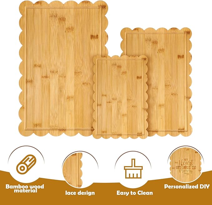 3 Pcs Bamboo Wood Scalloped Cutting Boards for Kitchen with Juice Groove Blank Wood Charcuterie Tray for Snack Cheese Appetizers Grazing Platter Engraving Gift Crafts Rustic Wall