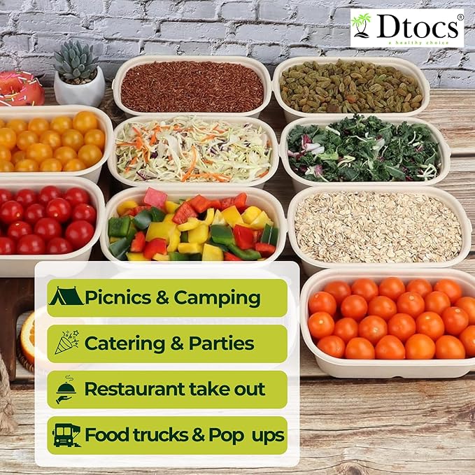 Dtocs Disposable Meal Prep Containers with Lids 28 oz (50 Pack) – Heavy Duty Bamboo Fiber Food Containers | Leak Resistant, Microwave & Freezer Safe No Plastic To Go Boxes for Catering, Takeout Meals