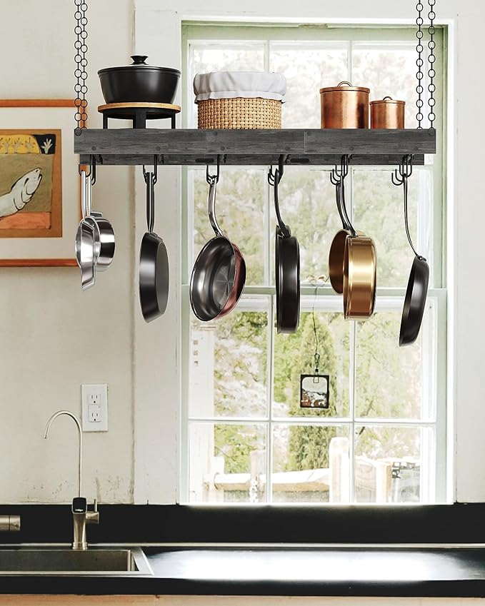 Hanging Pot Rack, 35.4" L x 13" W Ceiling Pot Hanger, Industrial Style Pot Rack, Wall Mounted Pot Hanger for Kitchen, Pot and Pan Hanging Rack, with Hooks, Charcoal Black and Black TPR12BCC1