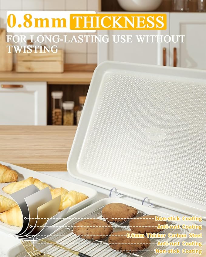 3-Piece Baking Sheet Set with Wire Rack - Half/Quarter/Jelly Roll Pans (12x17/9x13/10x15 Inch), Nonstick 0.8mm Carbon Steel, Cookie Sheets for Baking, Dishwasher Safe, Oven Safe 450°F